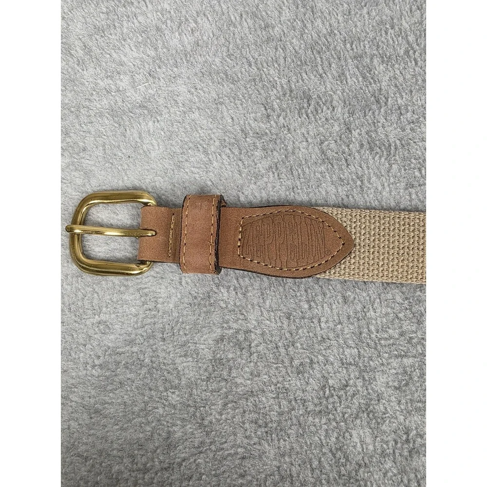 Zeppelin Belt Mens 32 Tan Canvas Leather Brass Buckle Nautical Flag Made USA‎